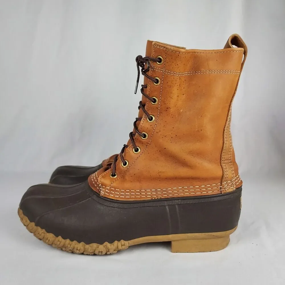 LL Bean Boots Mens Size 9 Tan Leather Brown Duck Boot 10in Made Maine